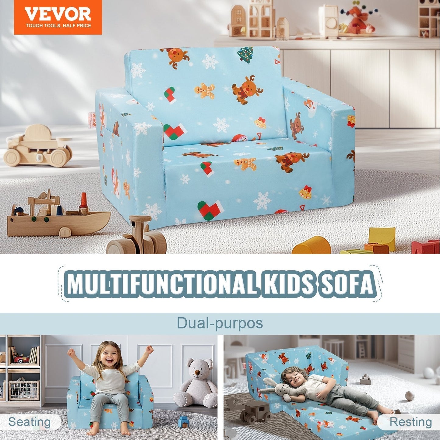 Kids Couch, 2-in-1 Toddler Chairs Comfy, Toddler Couch Sofa Bed Fold Out, Convertible Sofa to Lounger, Kids Chair Seat Playroom Furniture for Kids Girls & Boys, Sky Blue LuxuryLifeWay Online Store