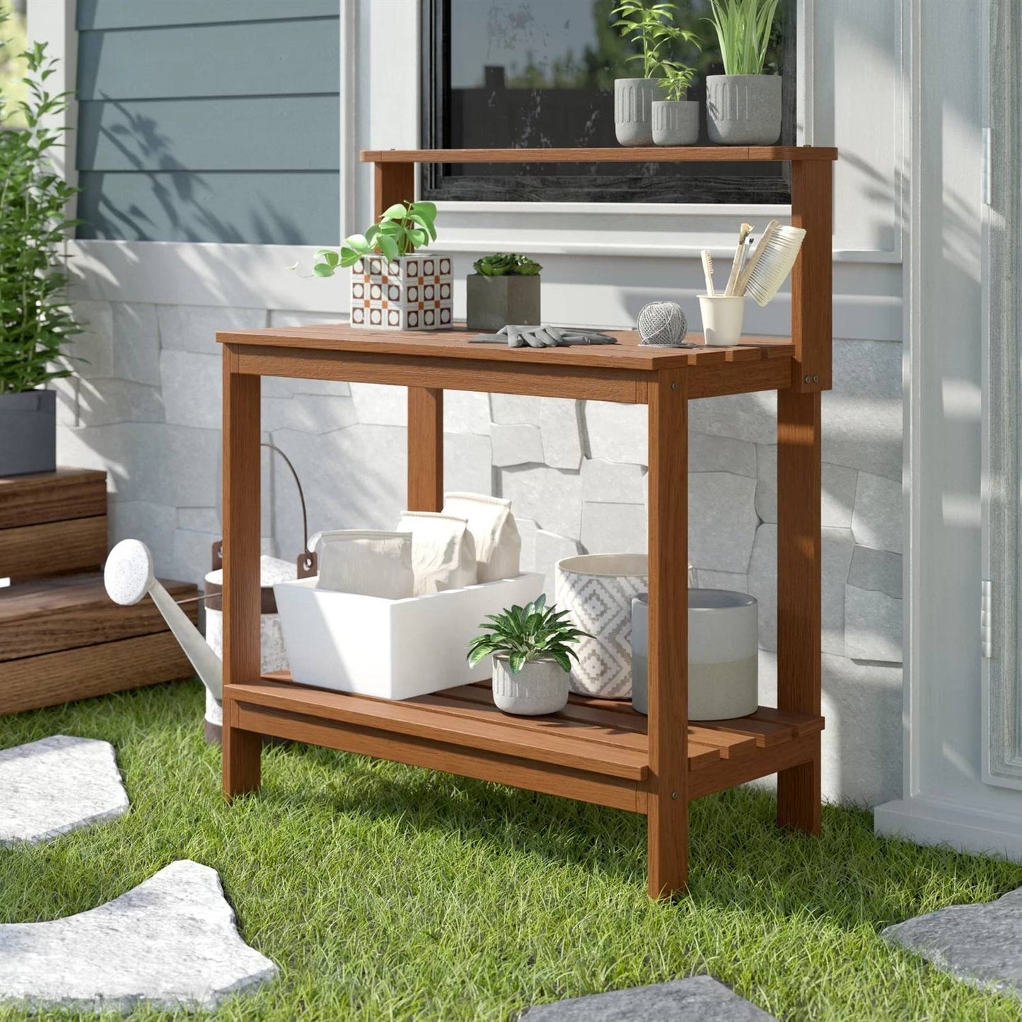 Solid Meranti Wood Outdoor Garden Potting Bench Table with Bottom Shelf LuxuryLifeWay Online Store