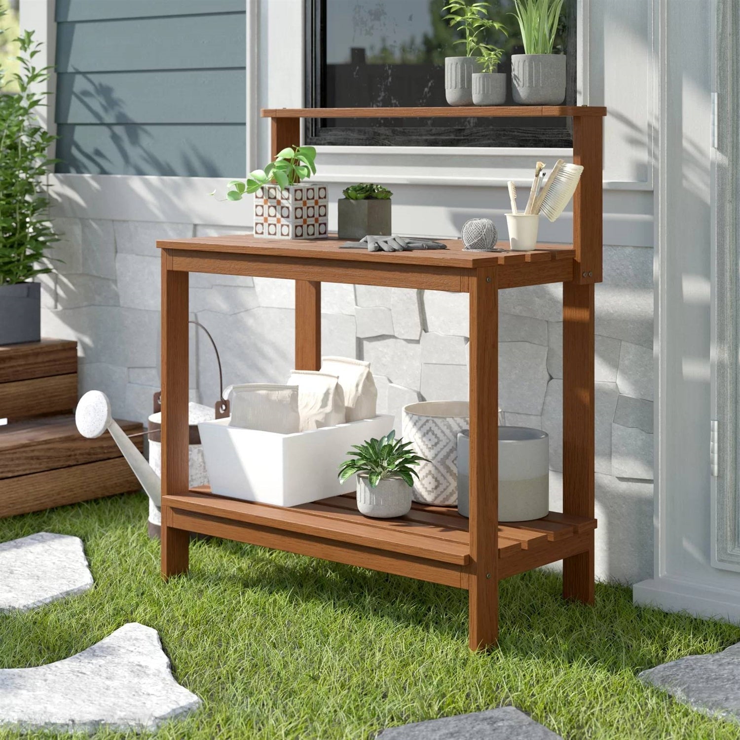 Solid Meranti Wood Outdoor Garden Potting Bench Table with Bottom Shelf LuxuryLifeWay Online Store