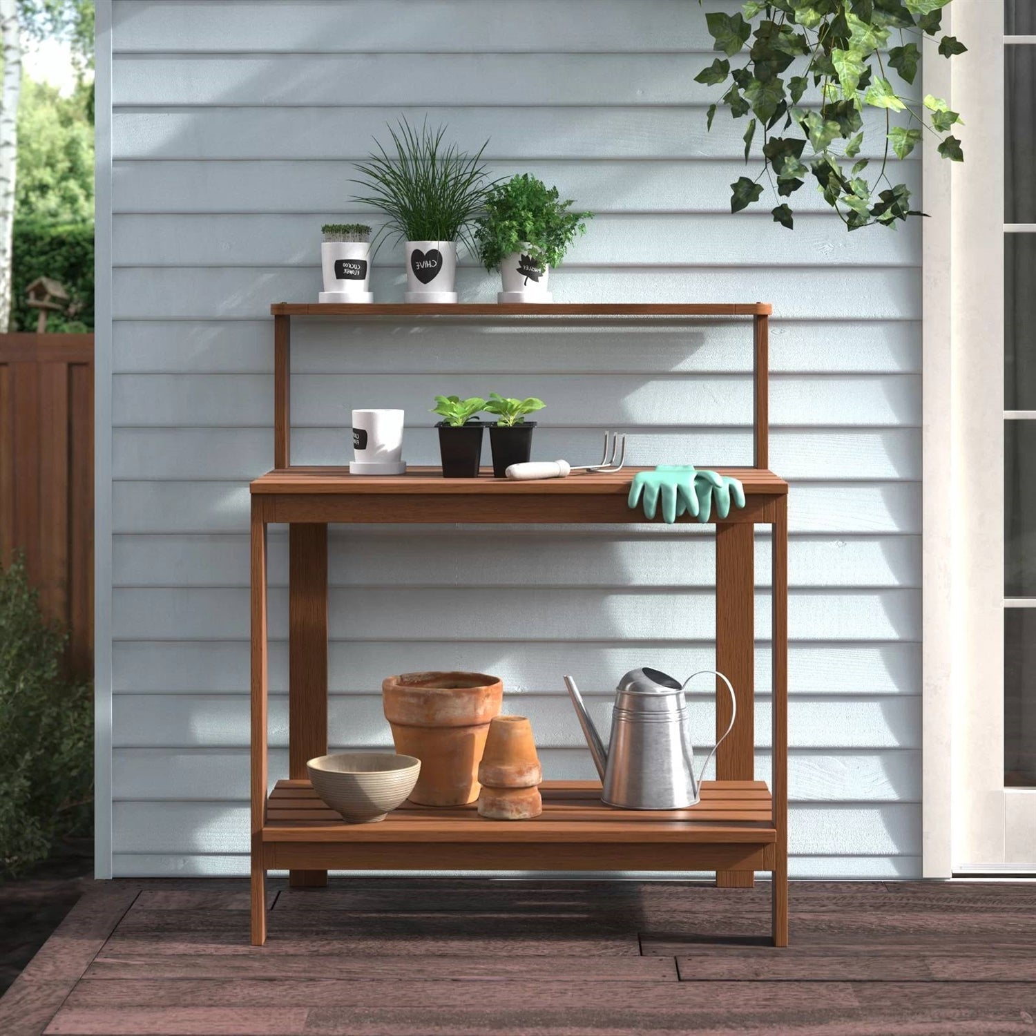 Solid Meranti Wood Outdoor Garden Potting Bench Table with Bottom Shelf LuxuryLifeWay Online Store