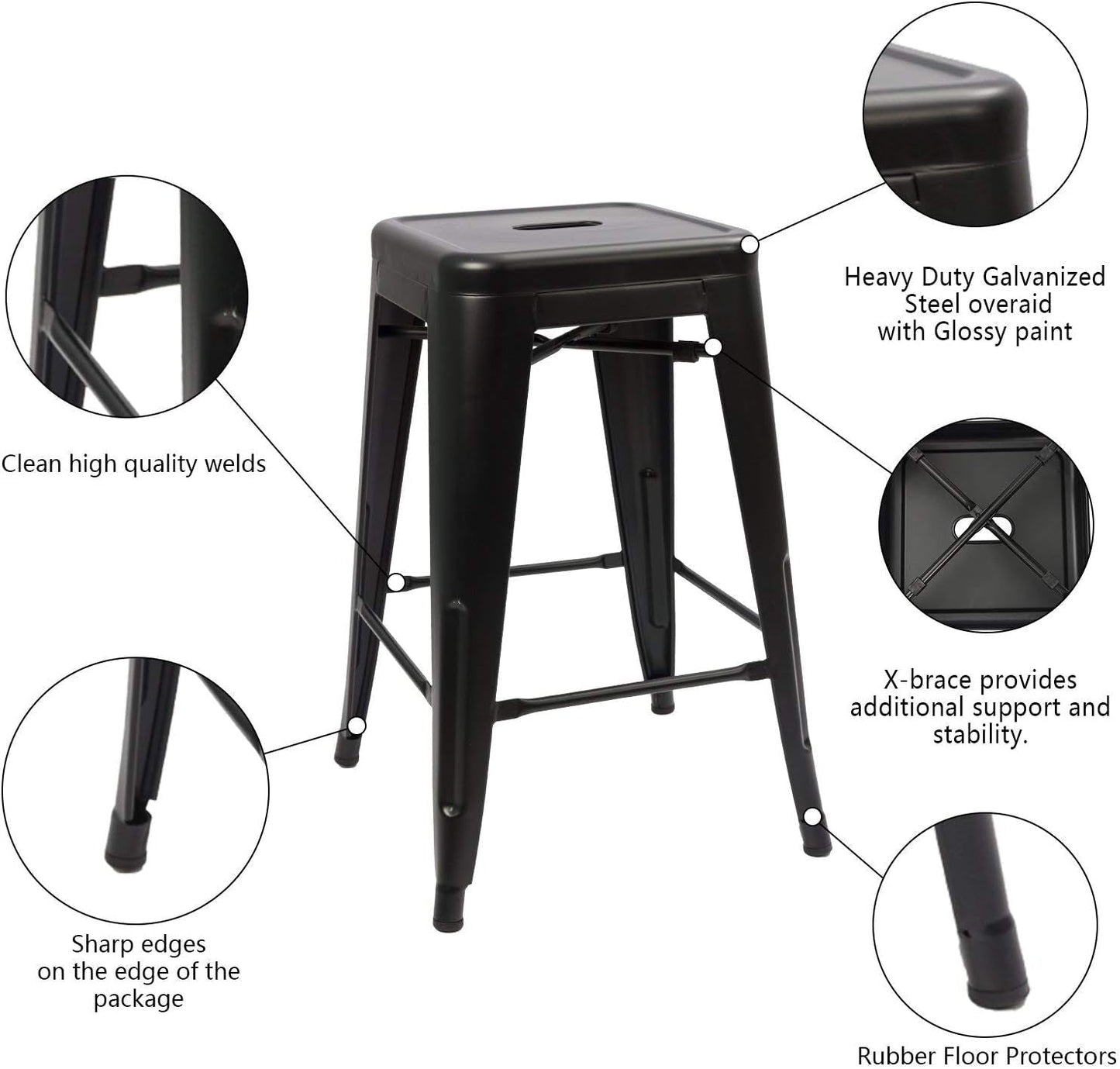 Set of 4 - 24-in. Indoor/Outdoor Backless Stacking Black Metal Barstools LuxuryLifeWay Online Store