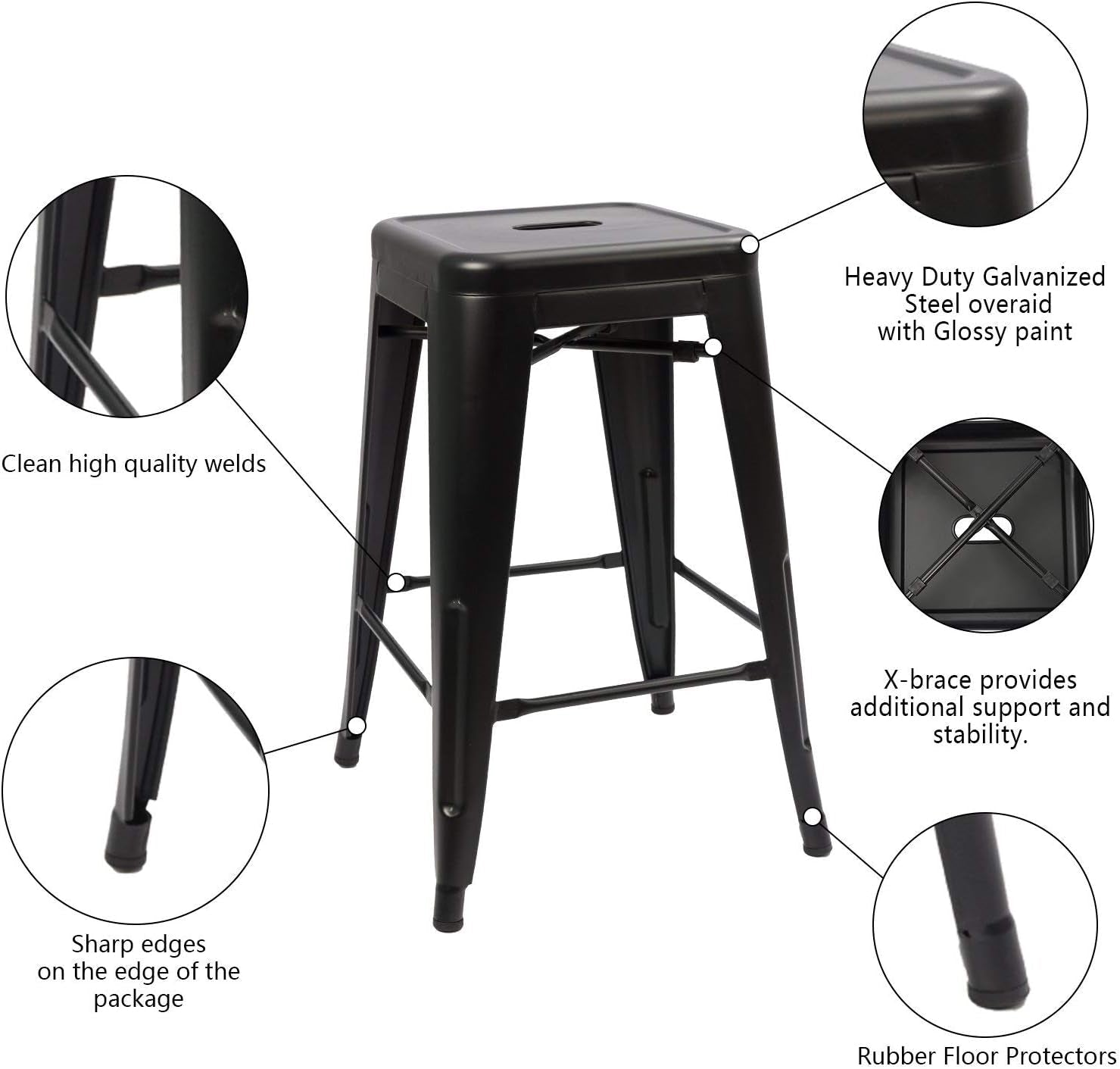 Set of 4 - 24-in. Indoor/Outdoor Backless Stacking Black Metal Barstools LuxuryLifeWay Online Store