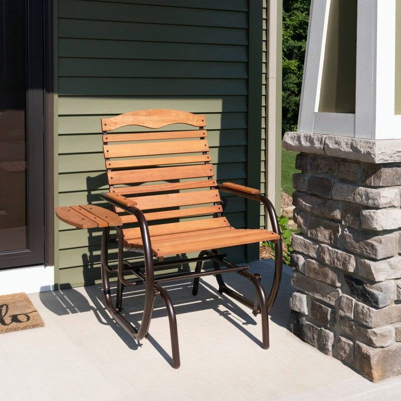 Farmhouse Steel Frame Outdoor Glider Chair with Wood Slats and Side Tray Table LuxuryLifeWay Online Store