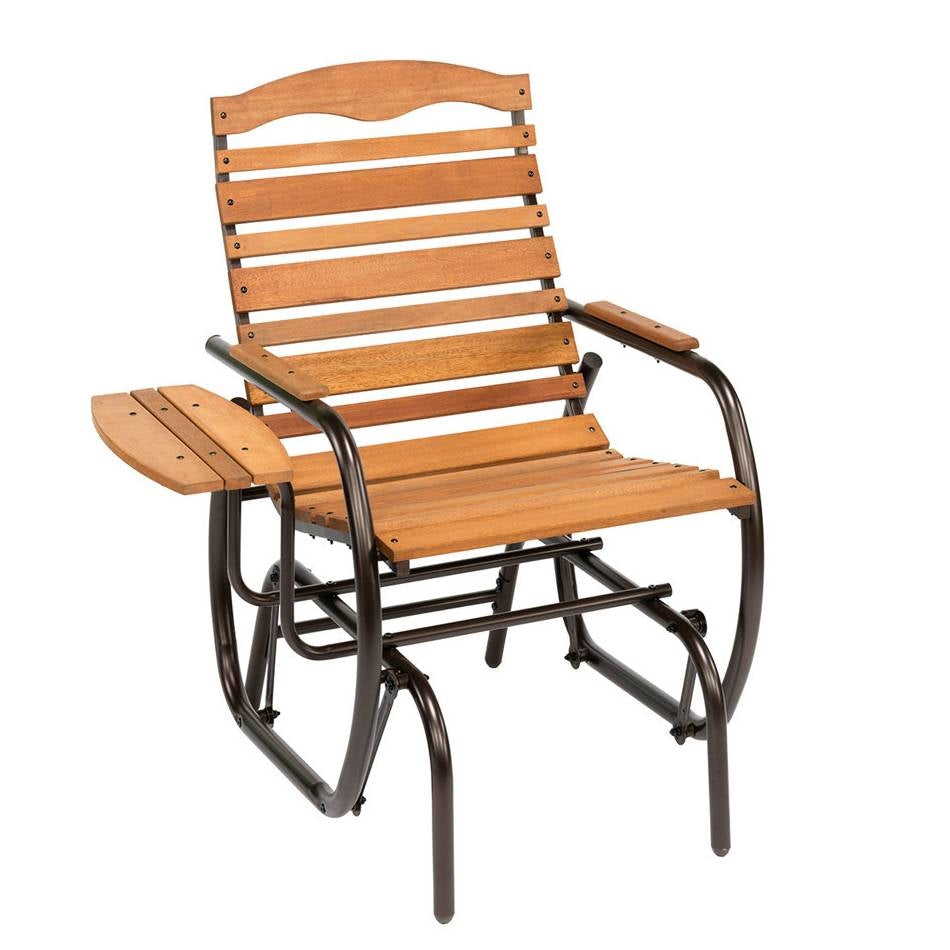 Farmhouse Steel Frame Outdoor Glider Chair with Wood Slats and Side Tray Table LuxuryLifeWay Online Store