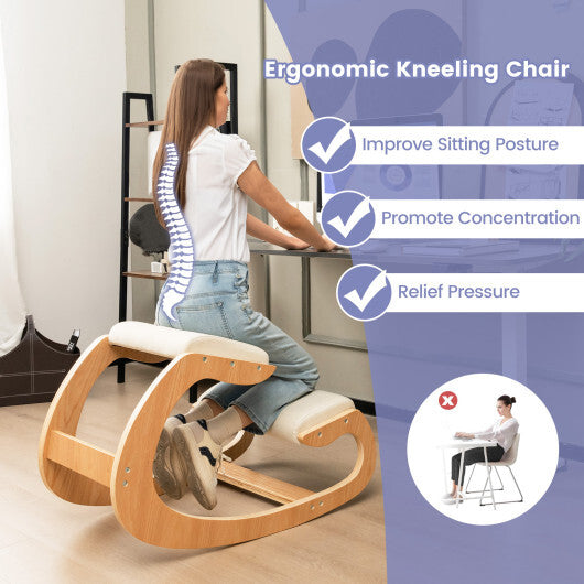 Wooden Rocking Chair with Comfortable Padded Seat Cushion and Knee Support-Black