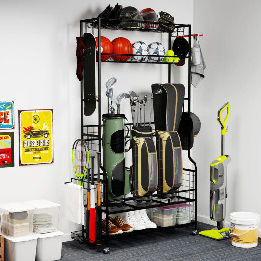 Mobile Sports Equipment Organizer with Golf Bags Storage and Club Rack-Black LuxuryLifeWay Online Store