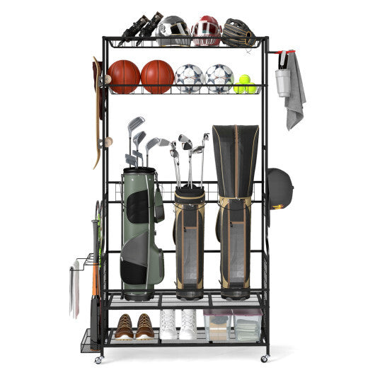 Mobile Sports Equipment Organizer with Golf Bags Storage and Club Rack-Black LuxuryLifeWay Online Store