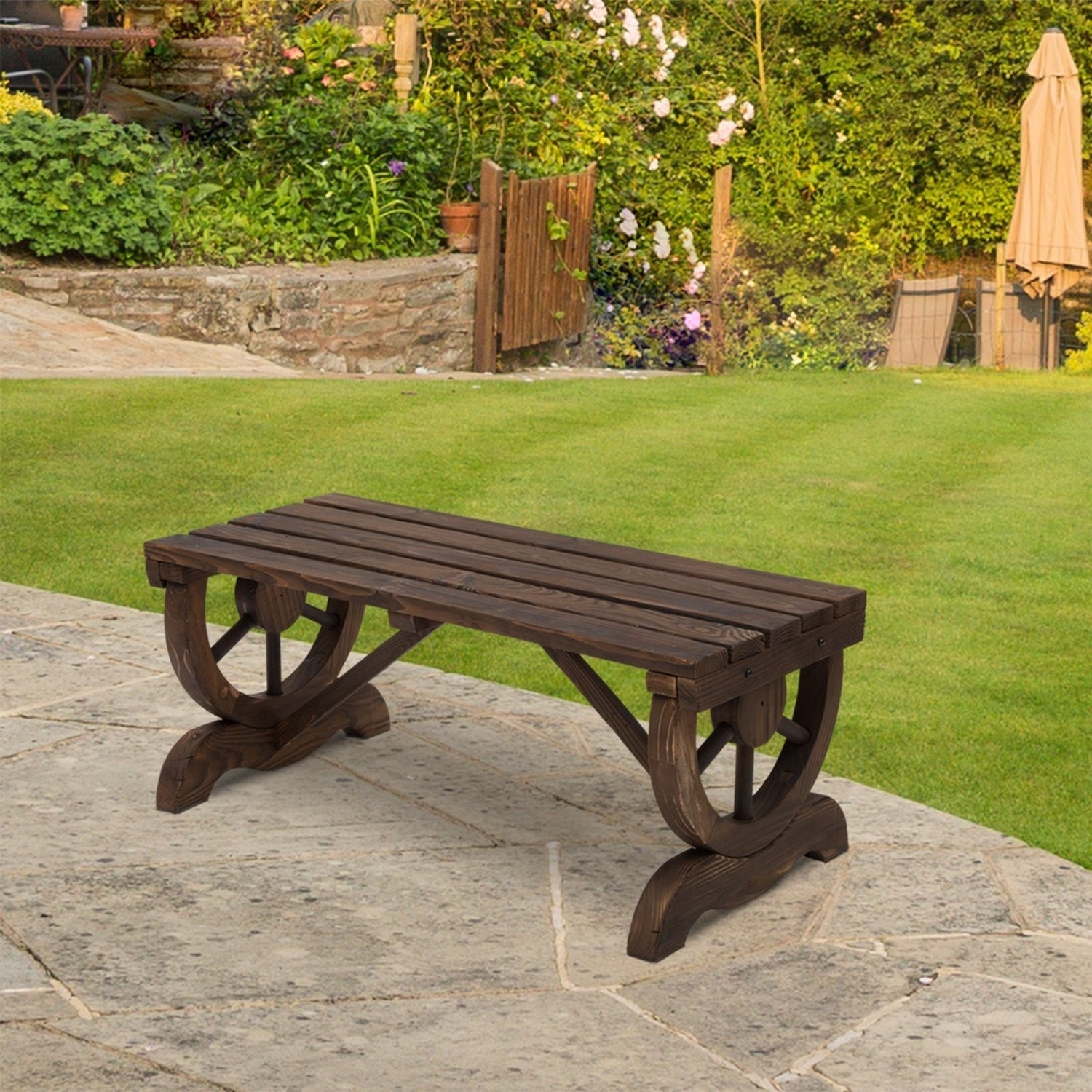 FarmHome Rustic Fir Wood Wheel Outdoor Garden Bench LuxuryLifeWay Online Store