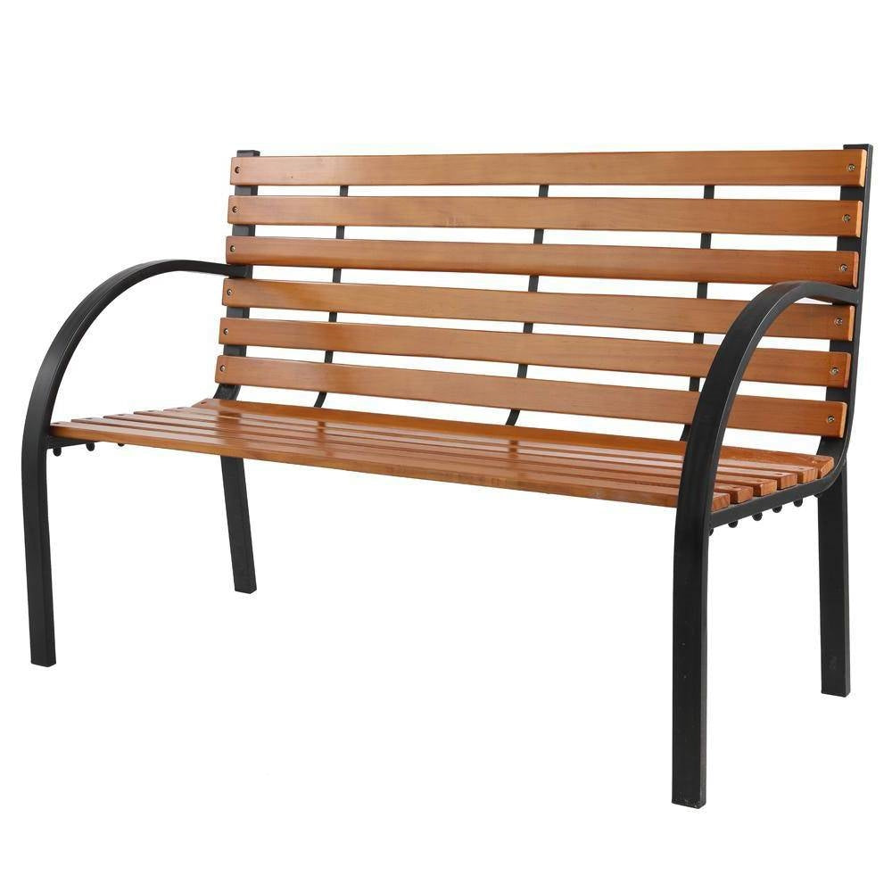 Black Metal Frame Outdoor Wood Slat Garden Bench with Curved Armrests LuxuryLifeWay Online Store