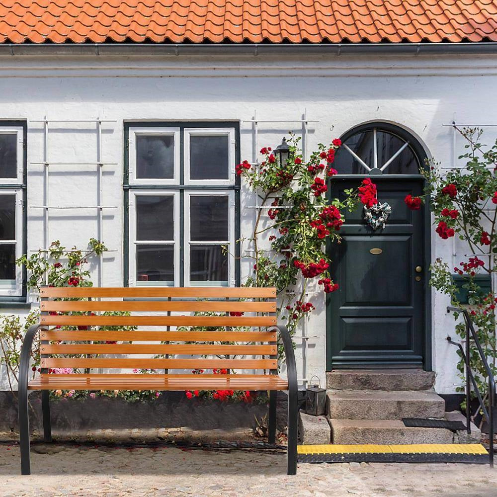 Black Metal Frame Outdoor Wood Slat Garden Bench with Curved Armrests LuxuryLifeWay Online Store