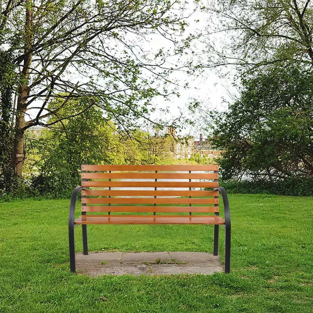 Black Metal Frame Outdoor Wood Slat Garden Bench with Curved Armrests LuxuryLifeWay Online Store