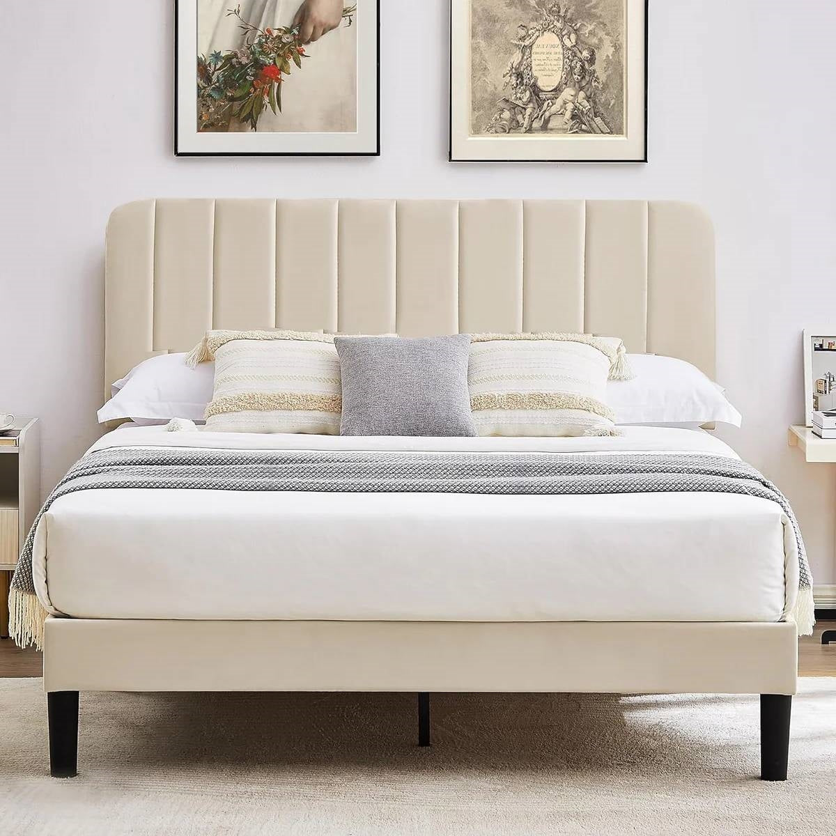 Full size Beige Upholstered Platform Bed Frame with Headboard LuxuryLifeWay Online Store