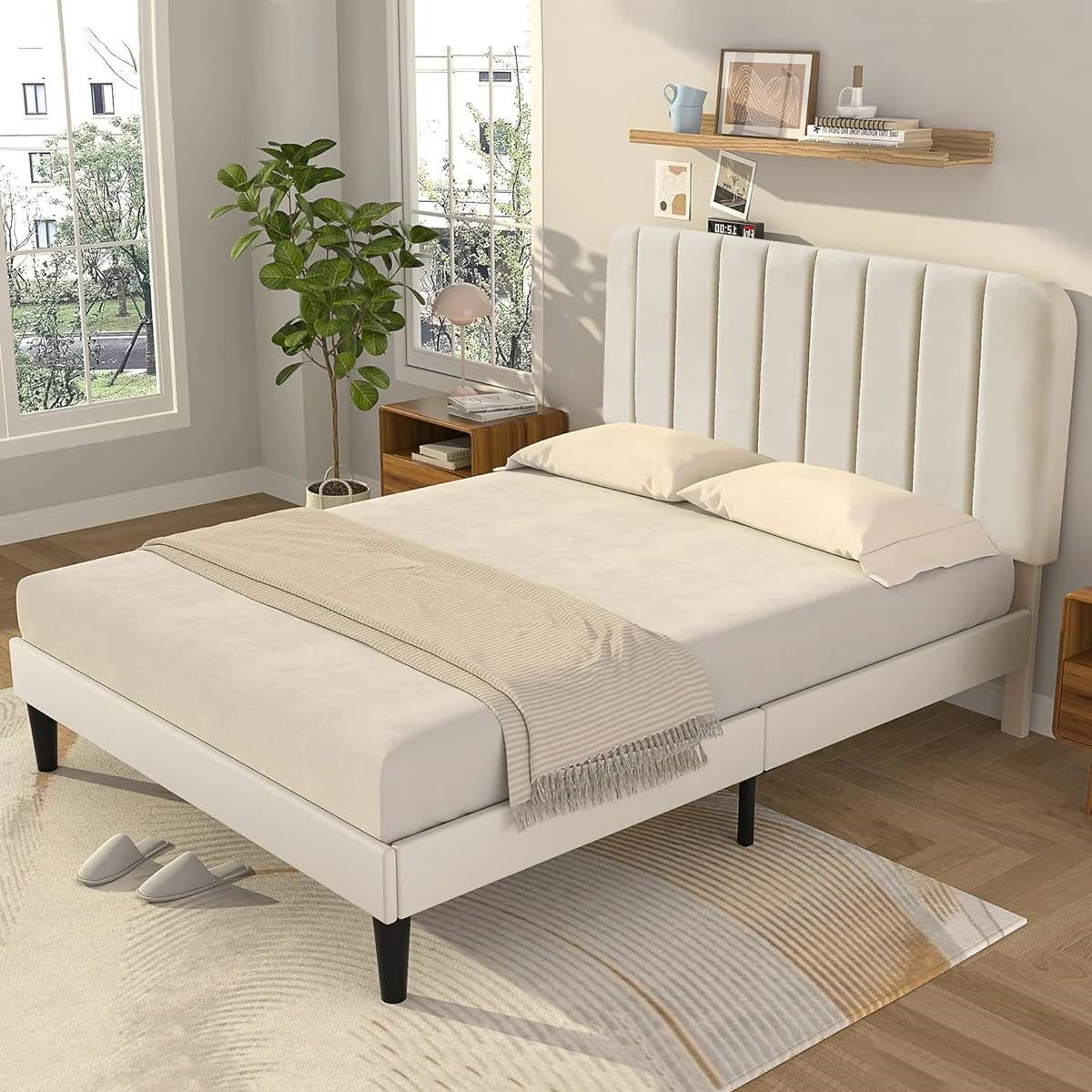 Full size Beige Upholstered Platform Bed Frame with Headboard LuxuryLifeWay Online Store