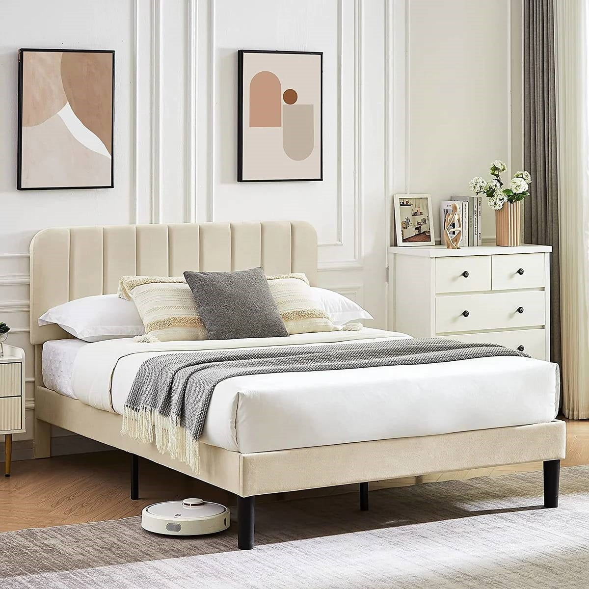 Full size Beige Upholstered Platform Bed Frame with Headboard LuxuryLifeWay Online Store