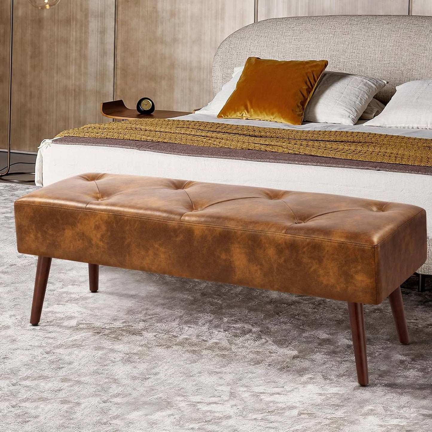 Mid-Century End of Bed Bench with Brown Leather Upholstered Seat Solid Wood Legs LuxuryLifeWay Online Store