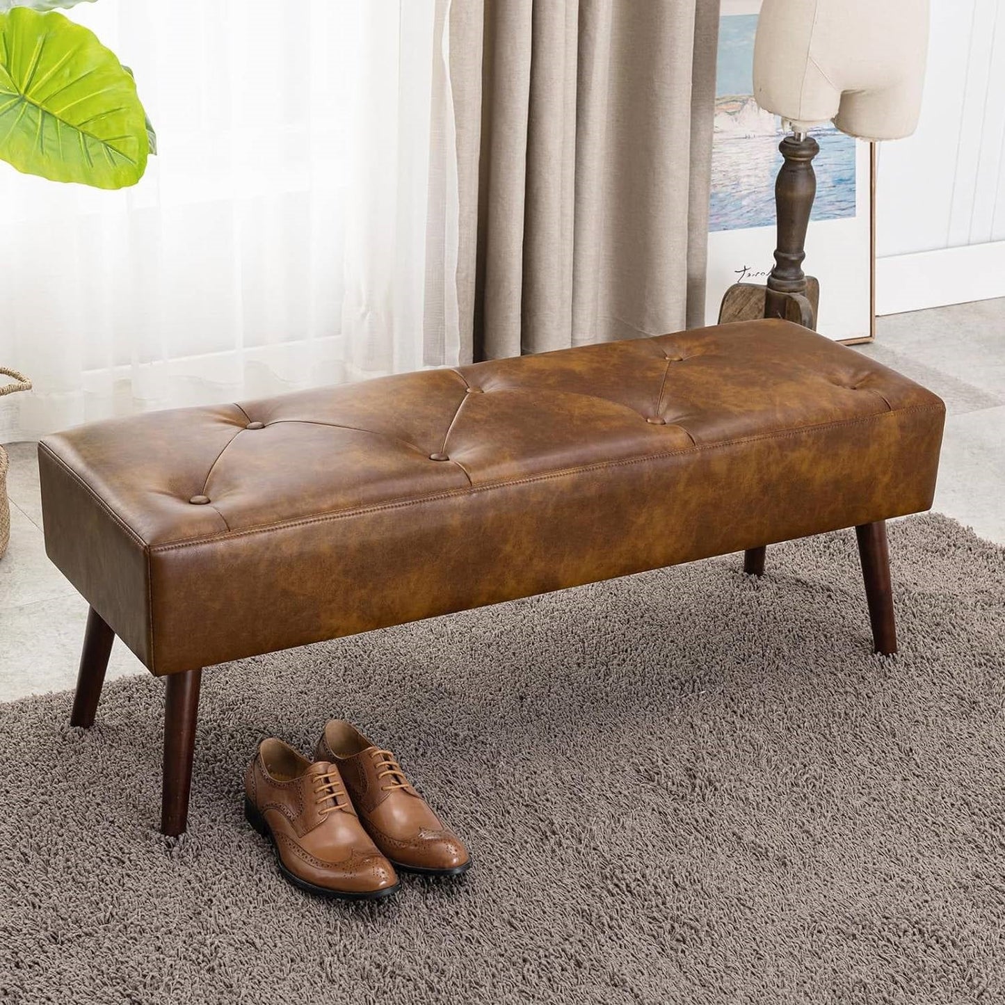 Mid-Century End of Bed Bench with Brown Leather Upholstered Seat Solid Wood Legs LuxuryLifeWay Online Store