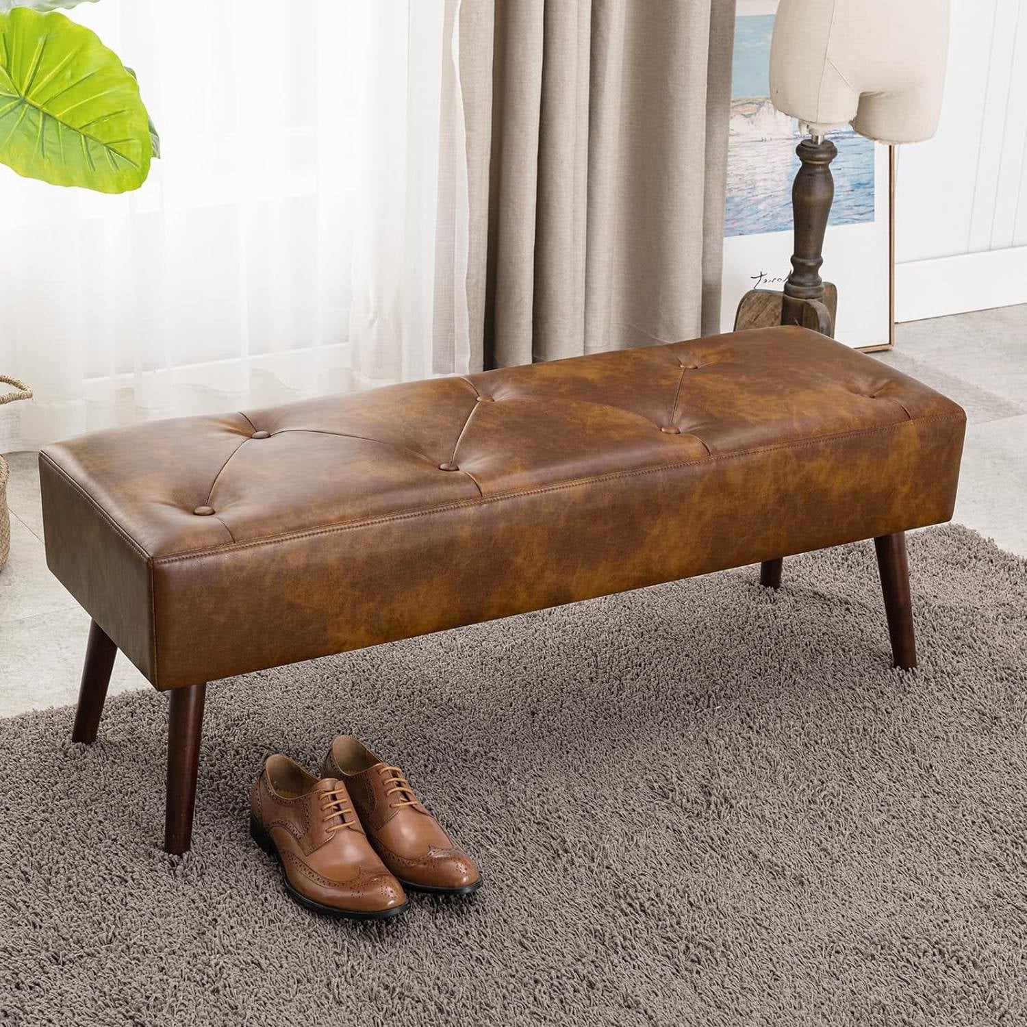 Mid-Century End of Bed Bench with Brown Leather Upholstered Seat Solid Wood Legs LuxuryLifeWay Online Store