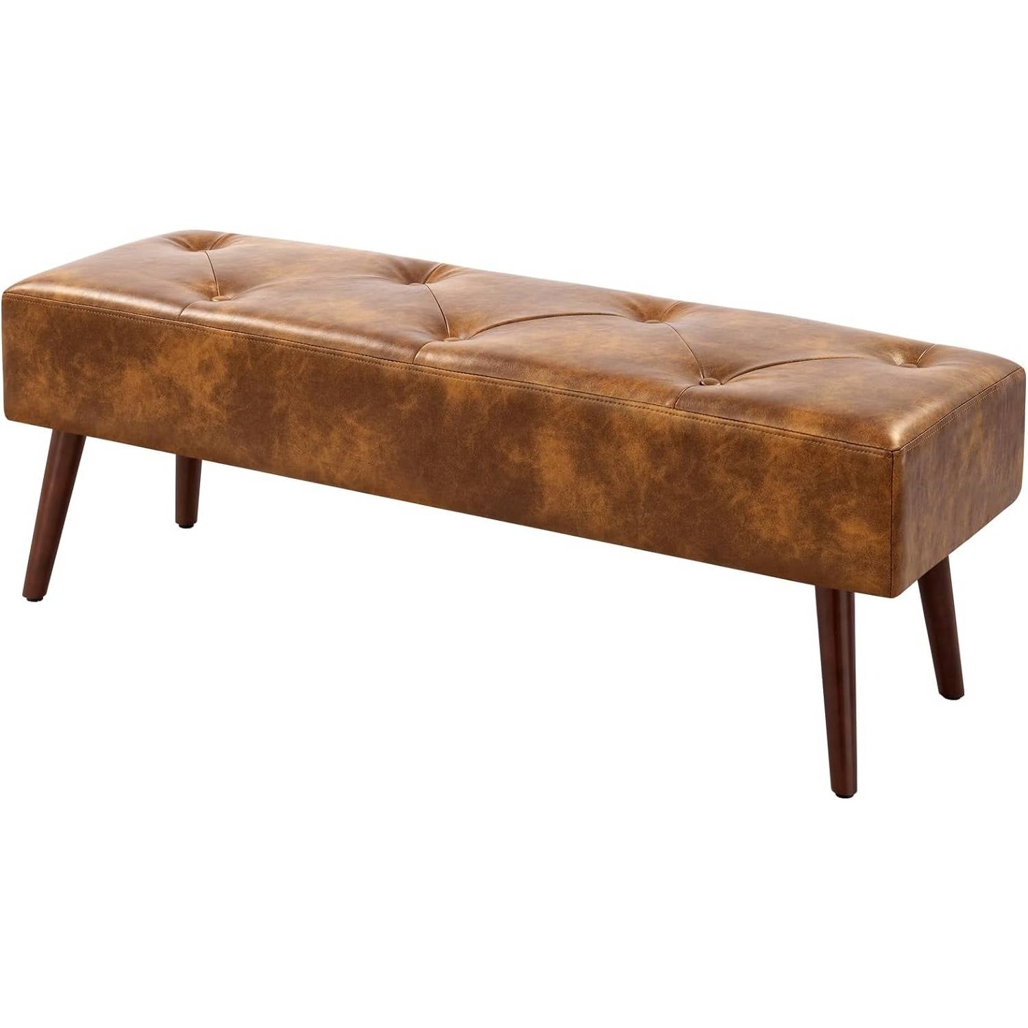 Mid-Century End of Bed Bench with Brown Leather Upholstered Seat Solid Wood Legs LuxuryLifeWay Online Store
