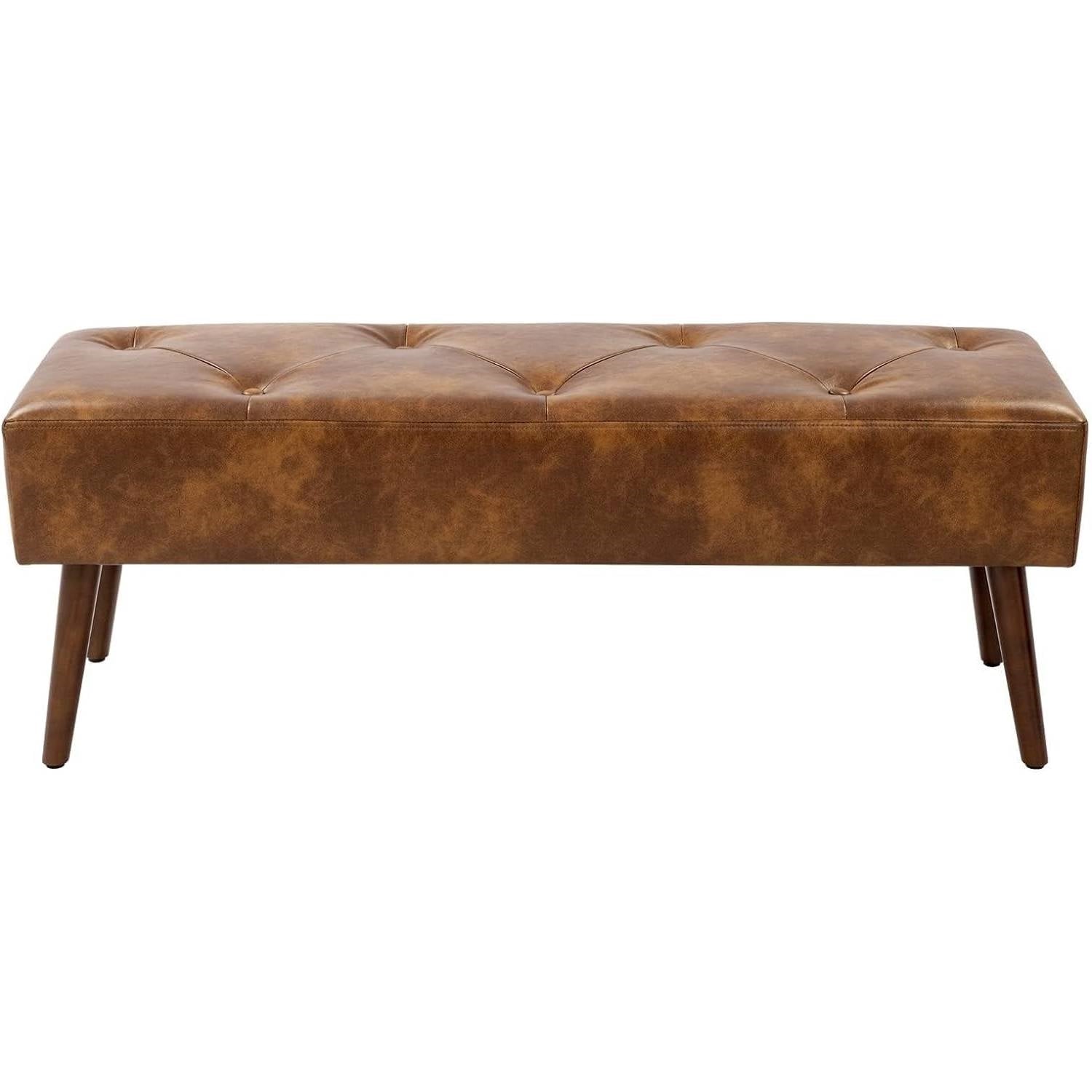 Mid-Century End of Bed Bench with Brown Leather Upholstered Seat Solid Wood Legs LuxuryLifeWay Online Store