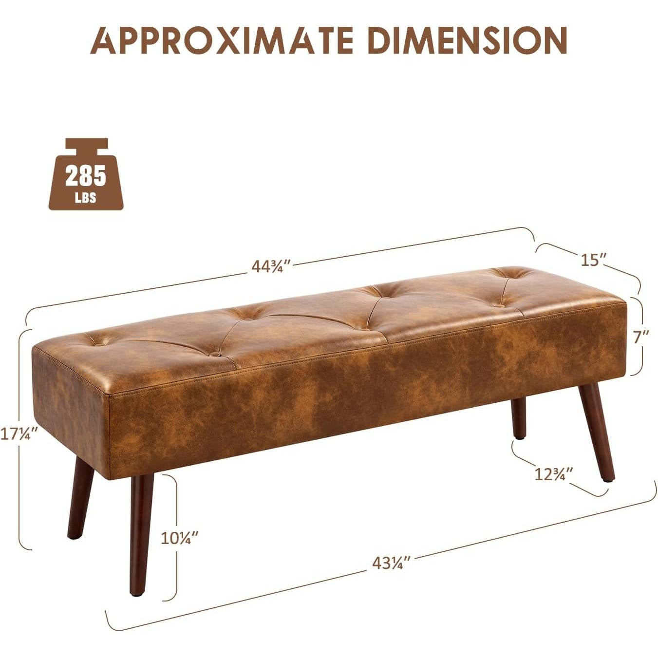 Mid-Century End of Bed Bench with Brown Leather Upholstered Seat Solid Wood Legs LuxuryLifeWay Online Store