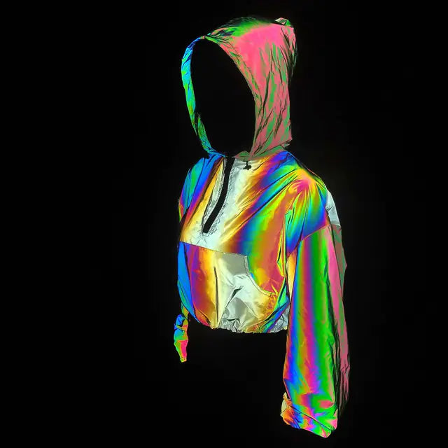 Women's Colorful Reflective Hooded Jacket Crop Top