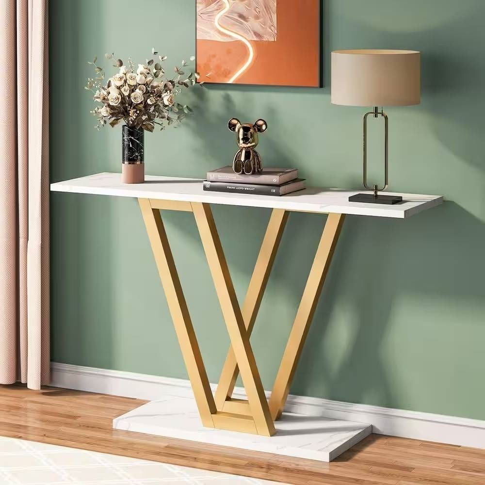 Modern Industrial Console Table with Faux White Marble Top and Gold Frame LuxuryLifeWay Online Store