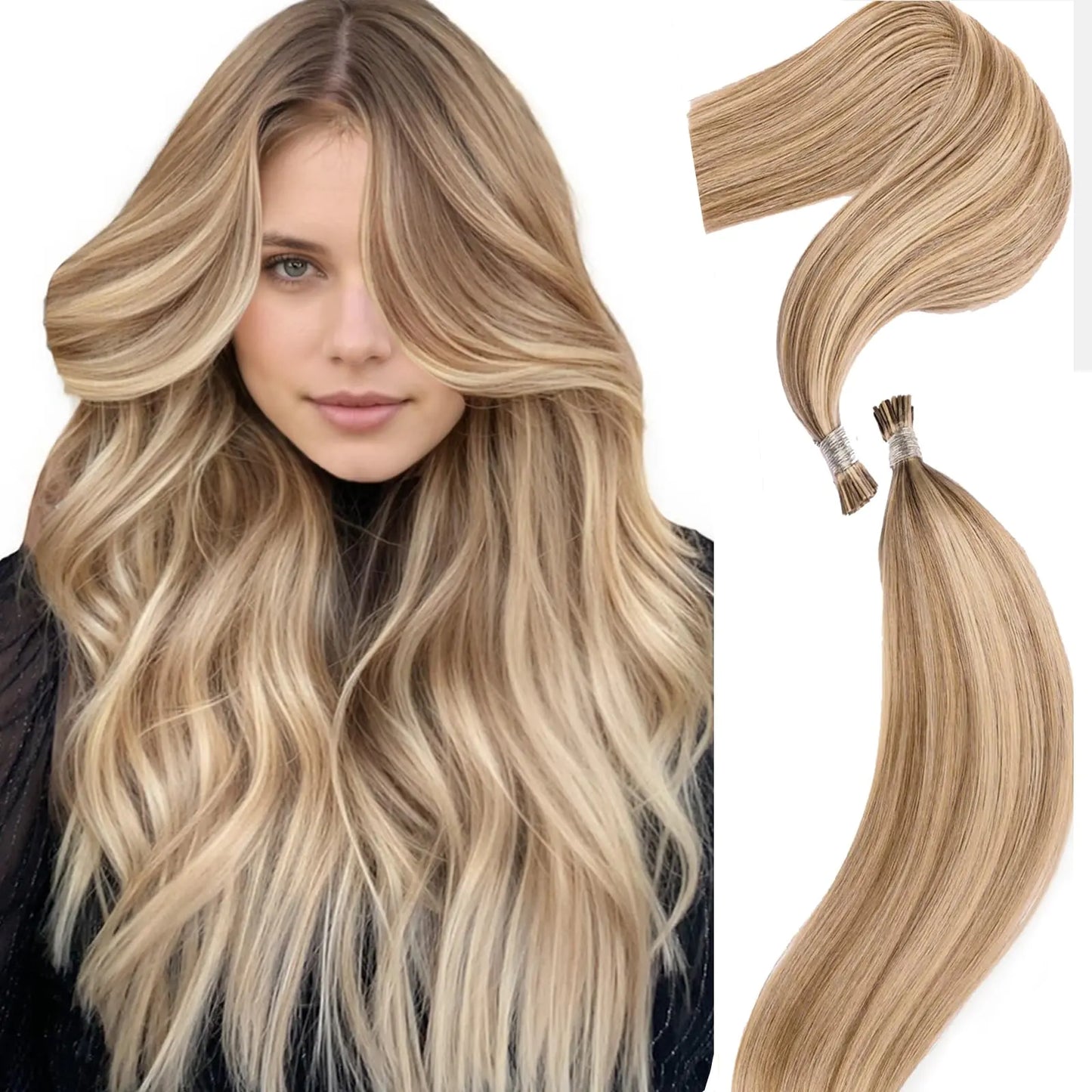 DIYOMO I Tip Hair Extensions - Human Hair #18/613 Dark Blonde Highlighted Bleach Blonde 16 Inch I Tip Hair Extensions For Women Soft & Natural Itip Hair Extensions Itip Human Hair Extensions 50G/70S