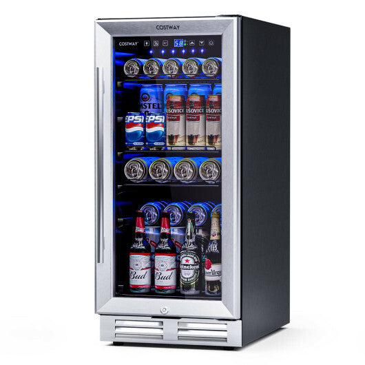 15 Inch 100 Can Built-in Freestanding Beverage Cooler Refrigerator with Adjustable Temperature and Shelf-Silver LuxuryLifeWay Online Store
