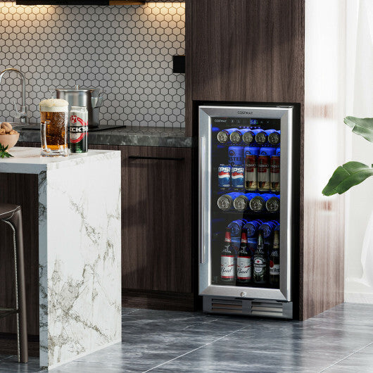 15 Inch 100 Can Built-in Freestanding Beverage Cooler Refrigerator with Adjustable Temperature and Shelf-Silver LuxuryLifeWay Online Store