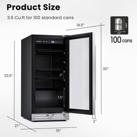 15 Inch 100 Can Built-in Freestanding Beverage Cooler Refrigerator with Adjustable Temperature and Shelf-Silver LuxuryLifeWay Online Store