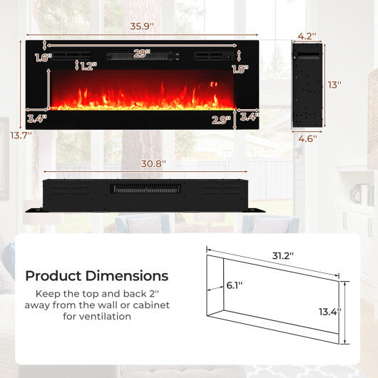 36 Inches Electric Fireplace Heater Recessed with LED Strip Lights and Remote Control LuxuryLifeWay Online Store