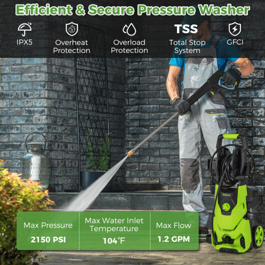 2150PSI Electric Pressure Washer 1.2GPM with 4 Quick Connect Nozzles and Foam Cannon-Green LuxuryLifeWay Online Store