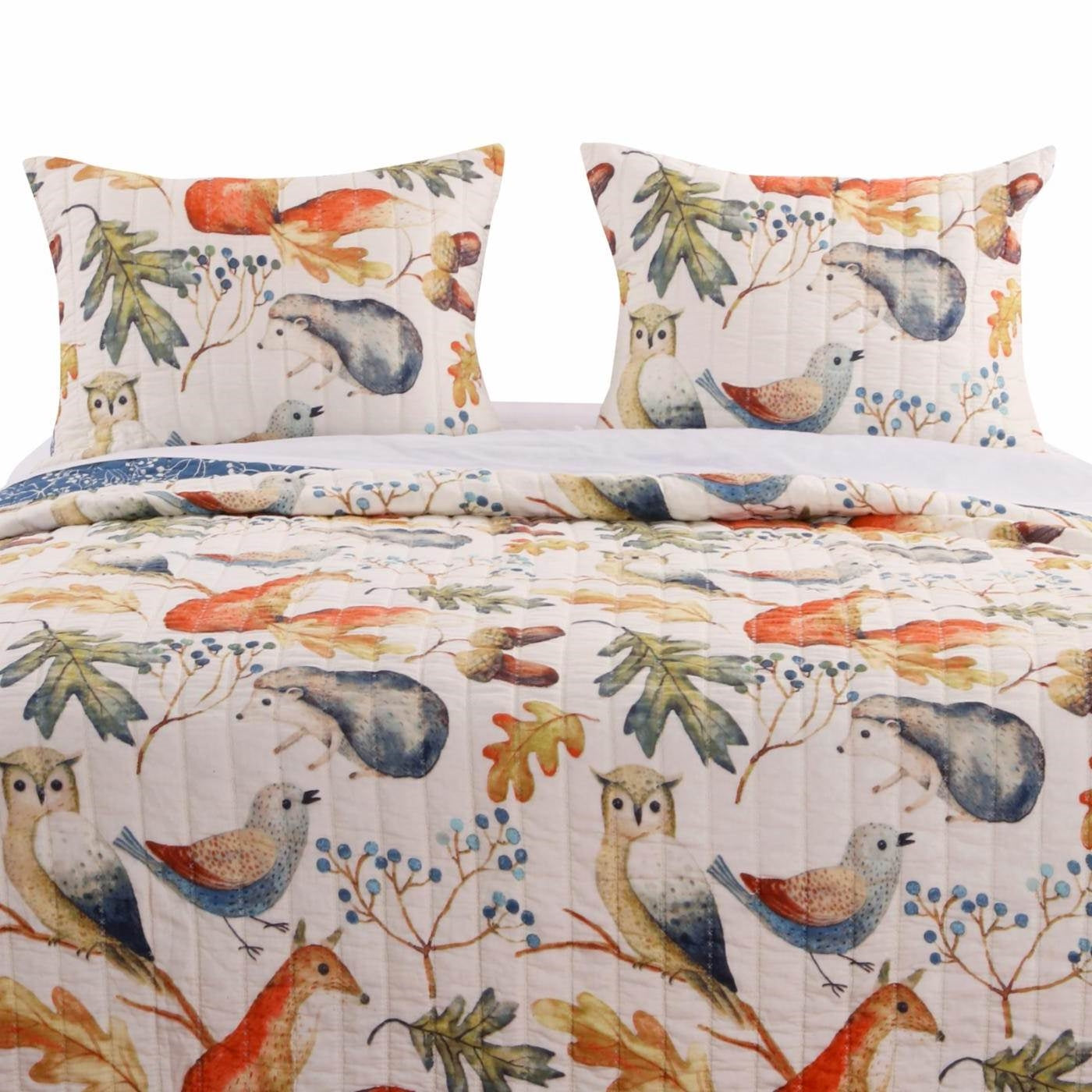 Full/Queen Blue Beige Birds Animals Floral Microfiber Reversible Quilt Set LuxuryLifeWay Online Store