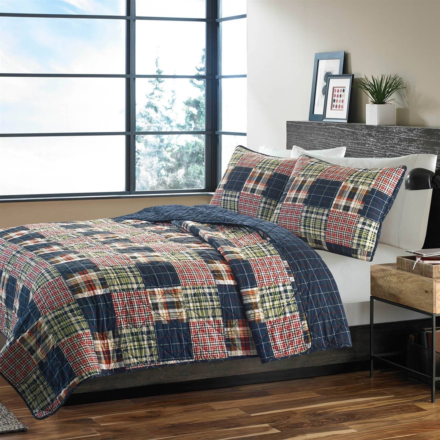 Full / Queen Farmhouse Red Navy Plaid 100-Percent Cotton Reversible Quilt Set LuxuryLifeWay Online Store