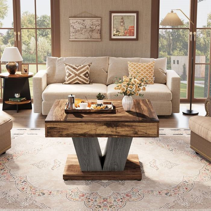 Square Farmhouse Coffee Table in Brown Black Wood Finish LuxuryLifeWay Online Store