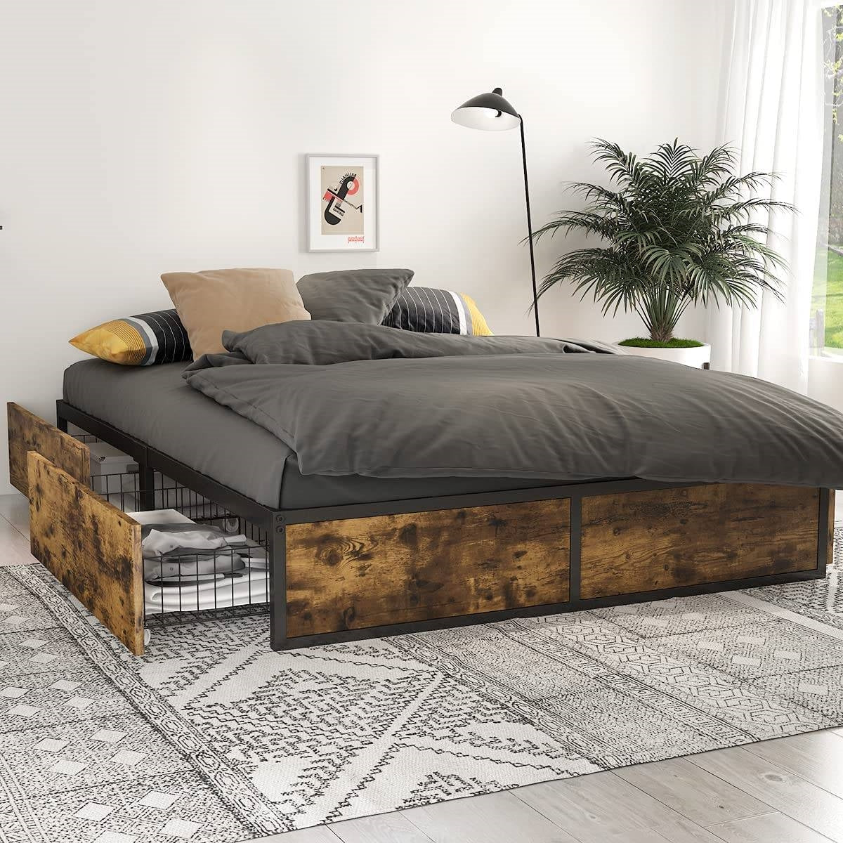 Full Metal Wood Platform Bed Frame with 4 Storage Drawers - 600 lbs Max Weight LuxuryLifeWay Online Store