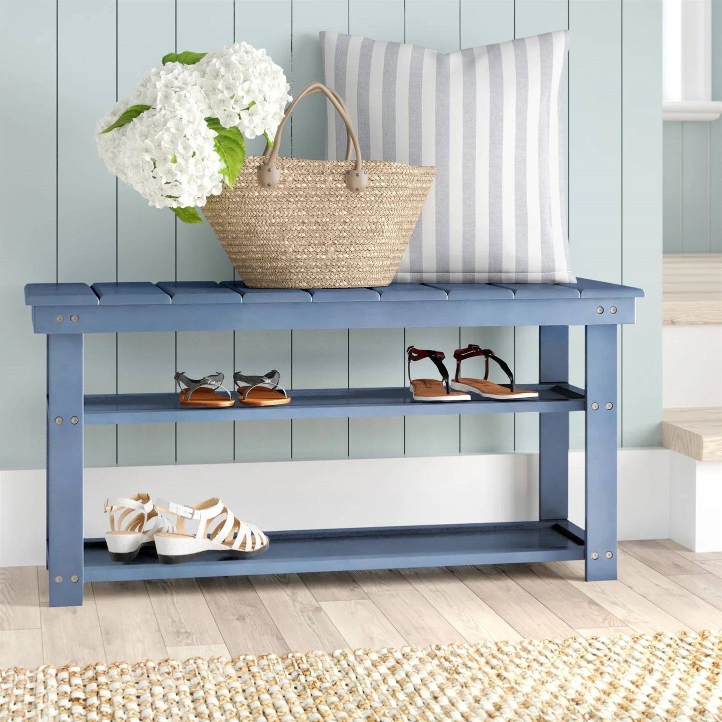 Blue Wood 2-Shelf Shoe Rack Storage Bench - 150 lbs. Weight Capacity LuxuryLifeWay Online Store
