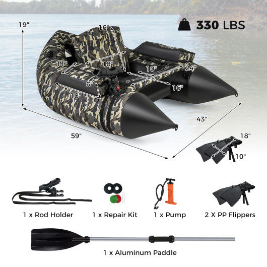 350 LBS Inflatable Fishing Float Tube with Adjustable Backrest and Backpack Straps-Camouflage LuxuryLifeWay Online Store