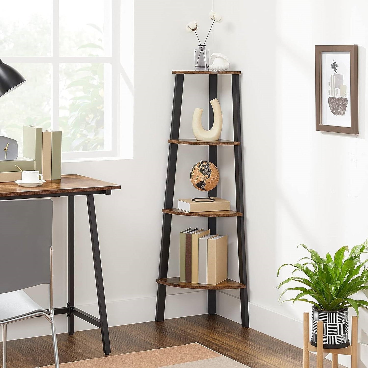 Narrow 3-Shelf Corner Shelving Unit Plant Stand Bookcase in Brown Black Wood LuxuryLifeWay Online Store