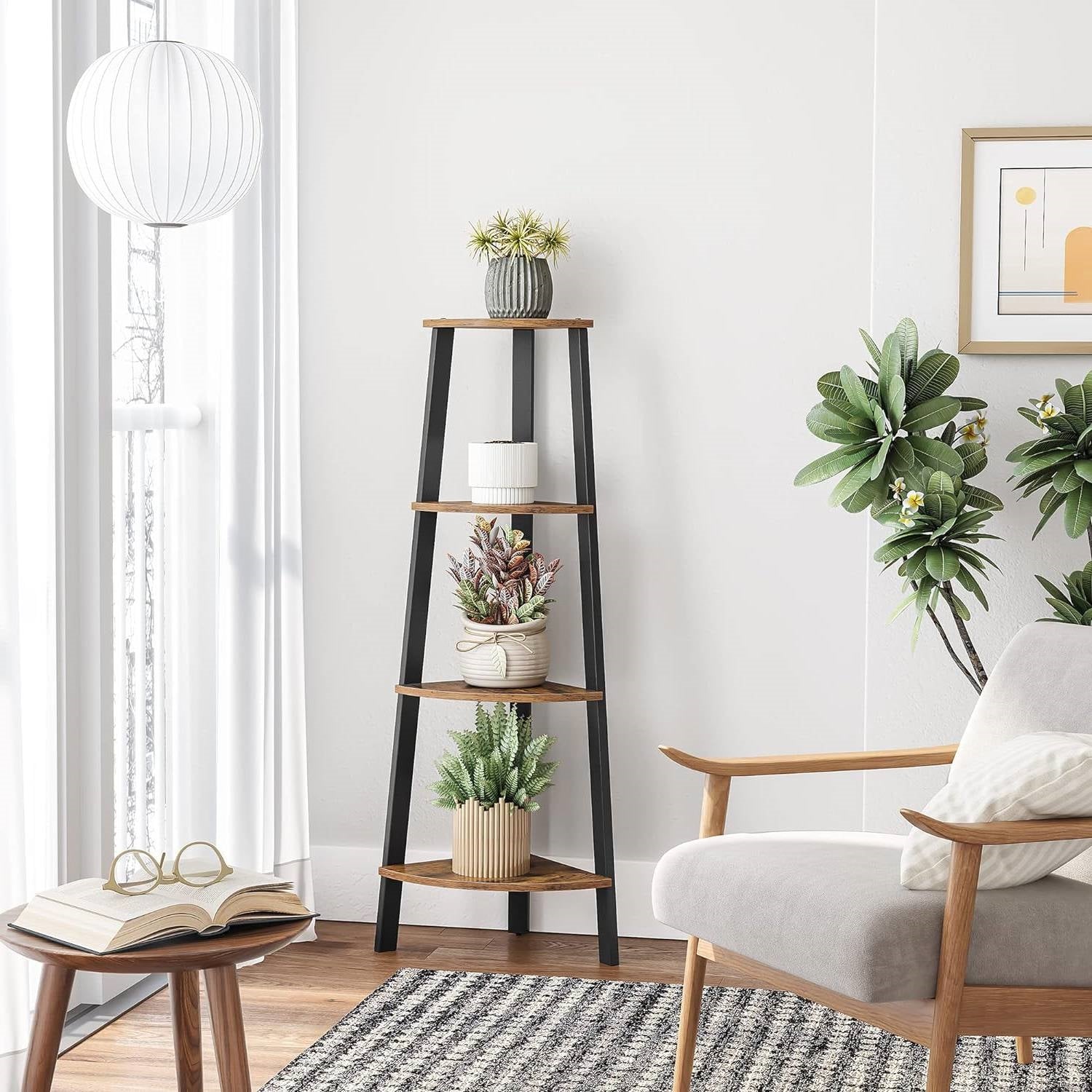 Narrow 3-Shelf Corner Shelving Unit Plant Stand Bookcase in Brown Black Wood LuxuryLifeWay Online Store