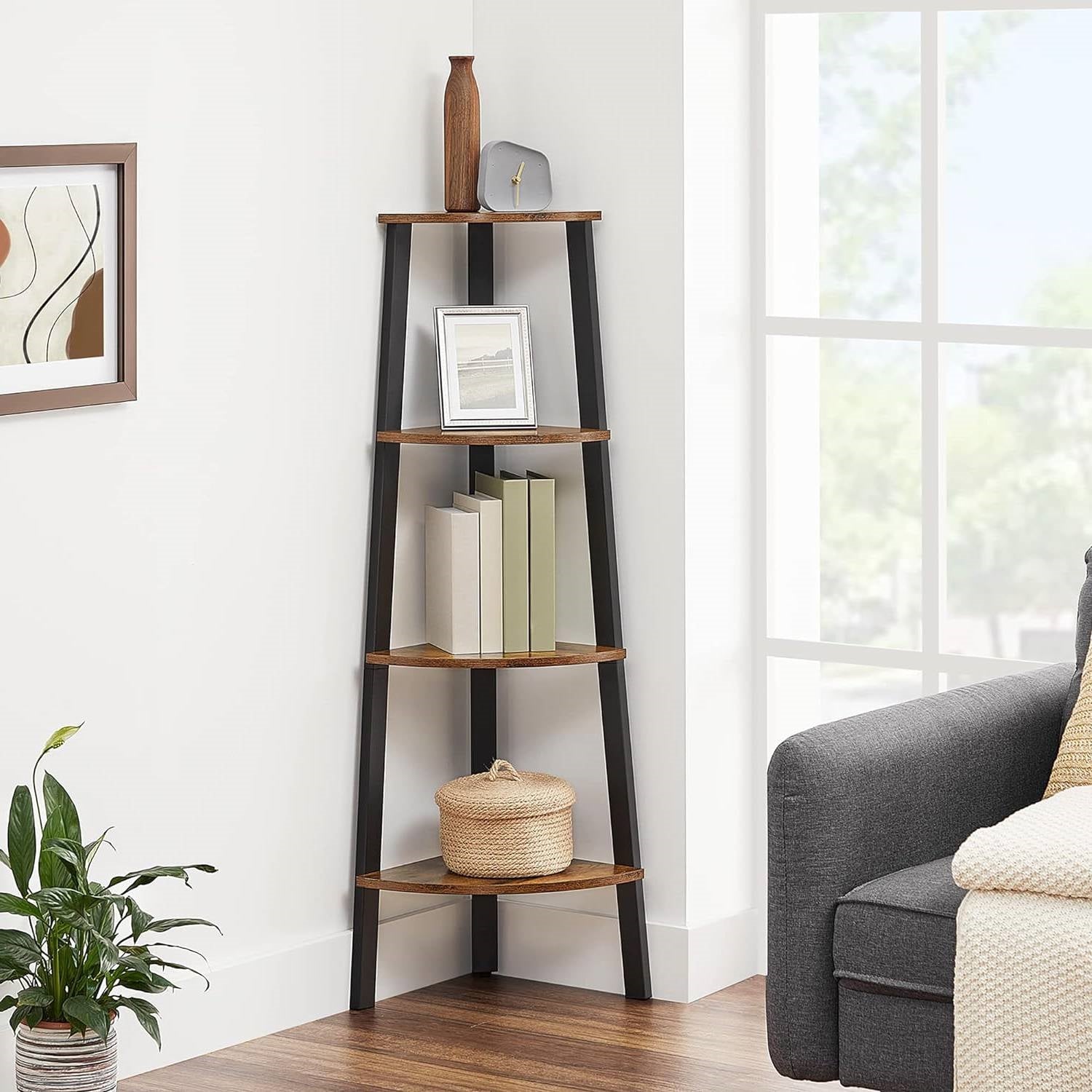 Narrow 3-Shelf Corner Shelving Unit Plant Stand Bookcase in Brown Black Wood LuxuryLifeWay Online Store