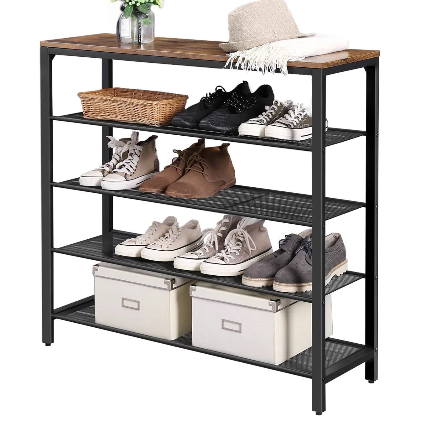 Modern Industrial Style 5-Tier Black Metal Shoe Rack with Brown Wood Top LuxuryLifeWay Online Store