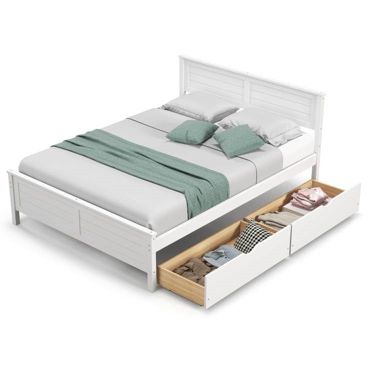 Full Size White Platform Bed Frame with 2 Storage Drawers LuxuryLifeWay Online Store
