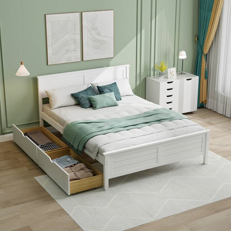 Full Size White Platform Bed Frame with 2 Storage Drawers LuxuryLifeWay Online Store