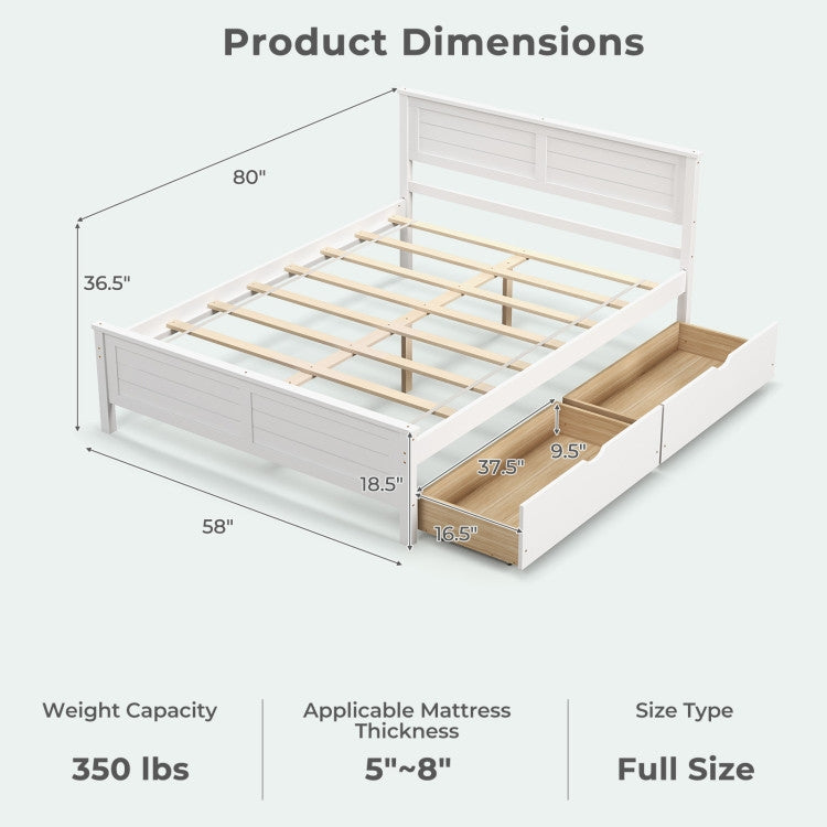 Full Size White Platform Bed Frame with 2 Storage Drawers LuxuryLifeWay Online Store
