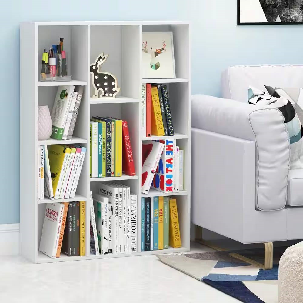 Modern 42-inch High Bookcase with 11-Cube Open Shelves in White Wood Finish LuxuryLifeWay Online Store