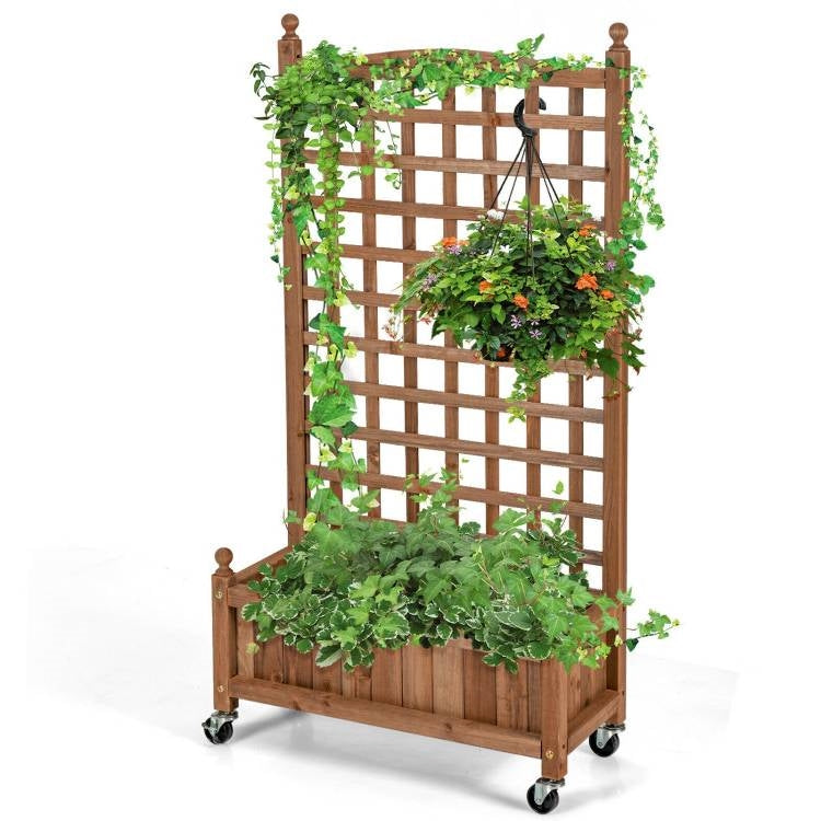 Outdoor Solid Wood Raised Garden Bed Mobile Planter Box with Trellis on Wheels LuxuryLifeWay Online Store