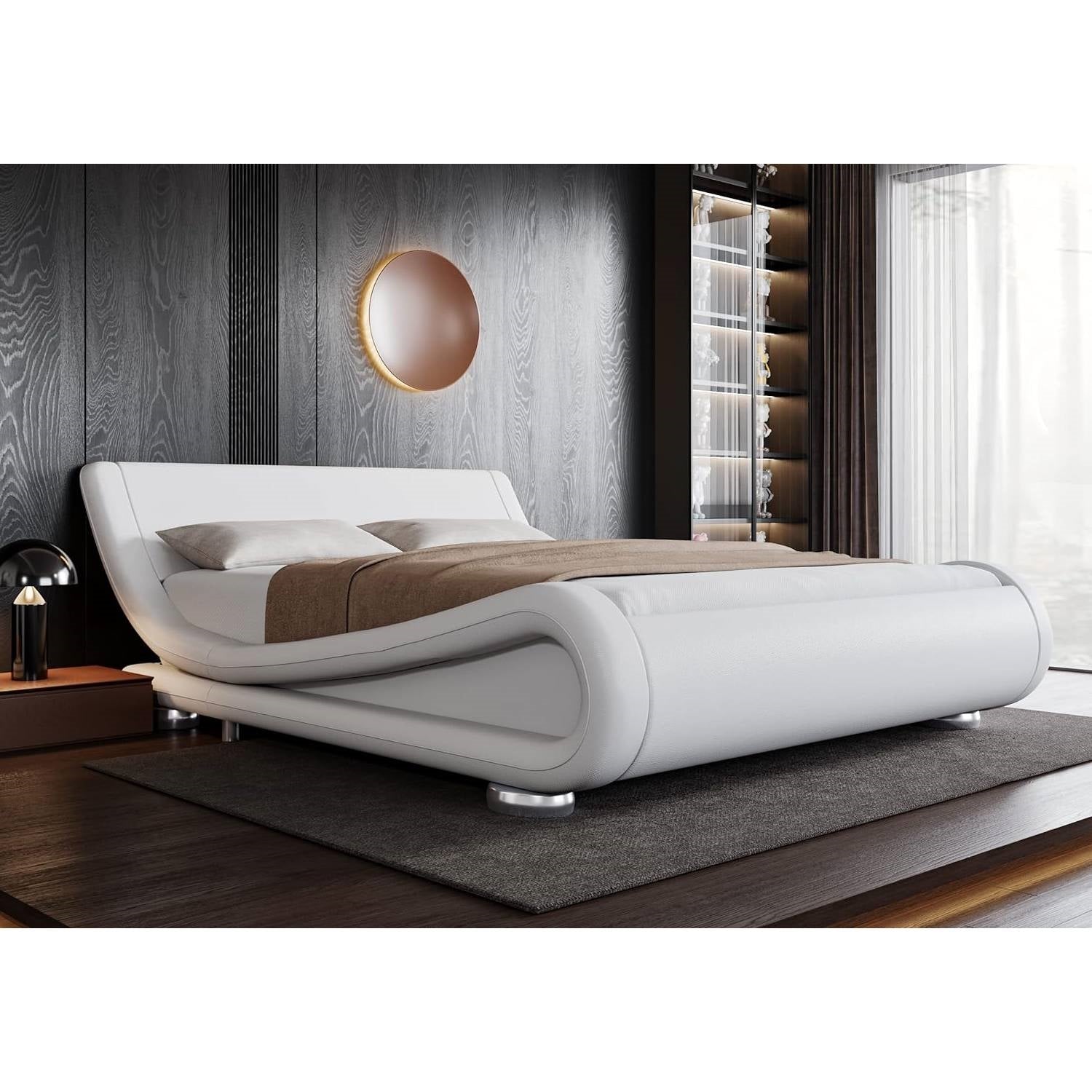 Full Modern White Upholstered Platform Bed Frame with Sleigh Curved Headboard LuxuryLifeWay Online Store