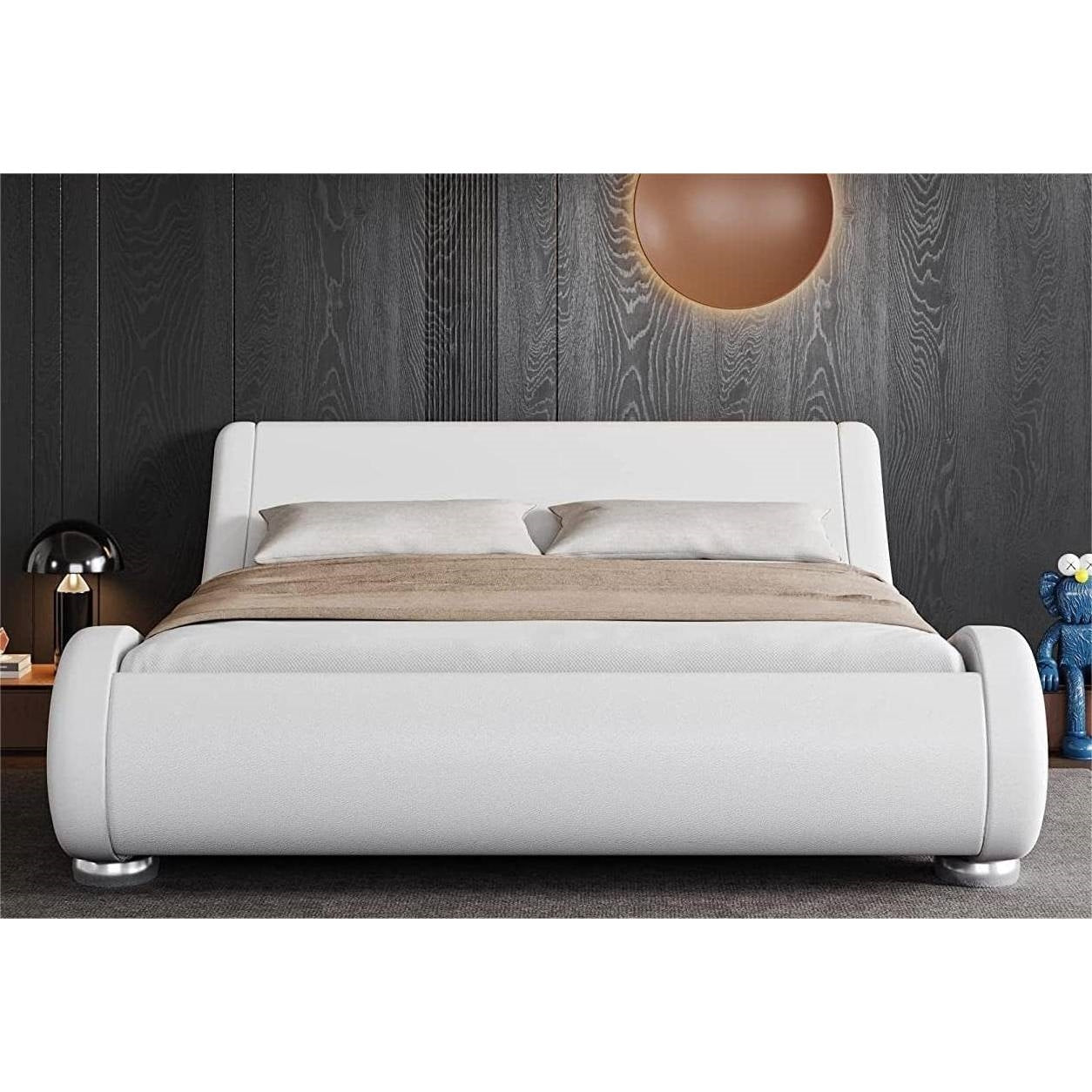 Full Modern White Upholstered Platform Bed Frame with Sleigh Curved Headboard LuxuryLifeWay Online Store