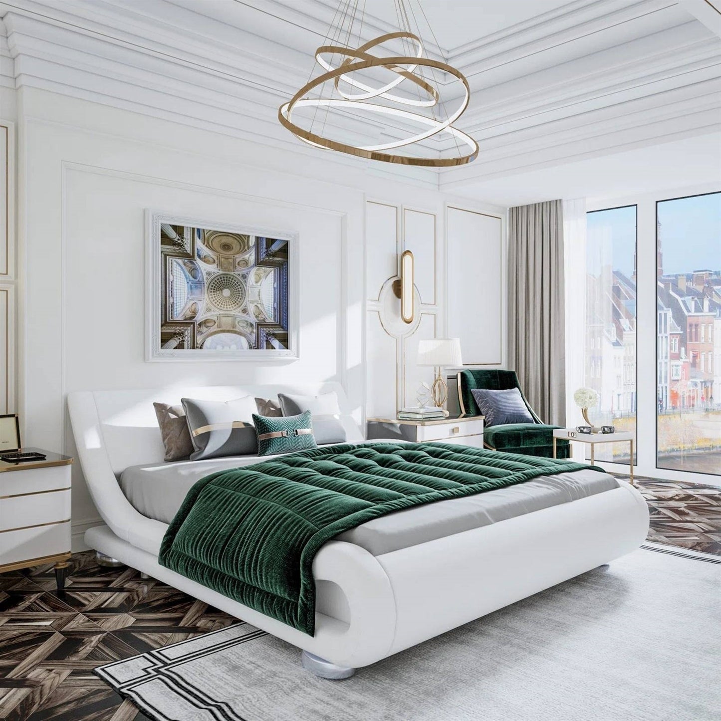 Full Modern White Upholstered Platform Bed Frame with Sleigh Curved Headboard LuxuryLifeWay Online Store